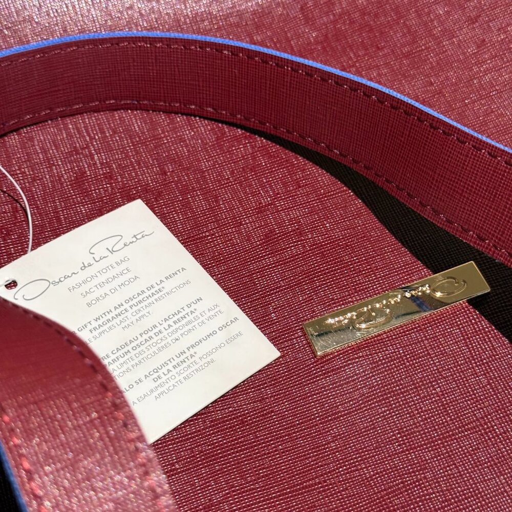 Oscar de la Renta Reversible Tote Bag Maroon Red Blue Shopper Carryall Purse - Picture 2 of 5